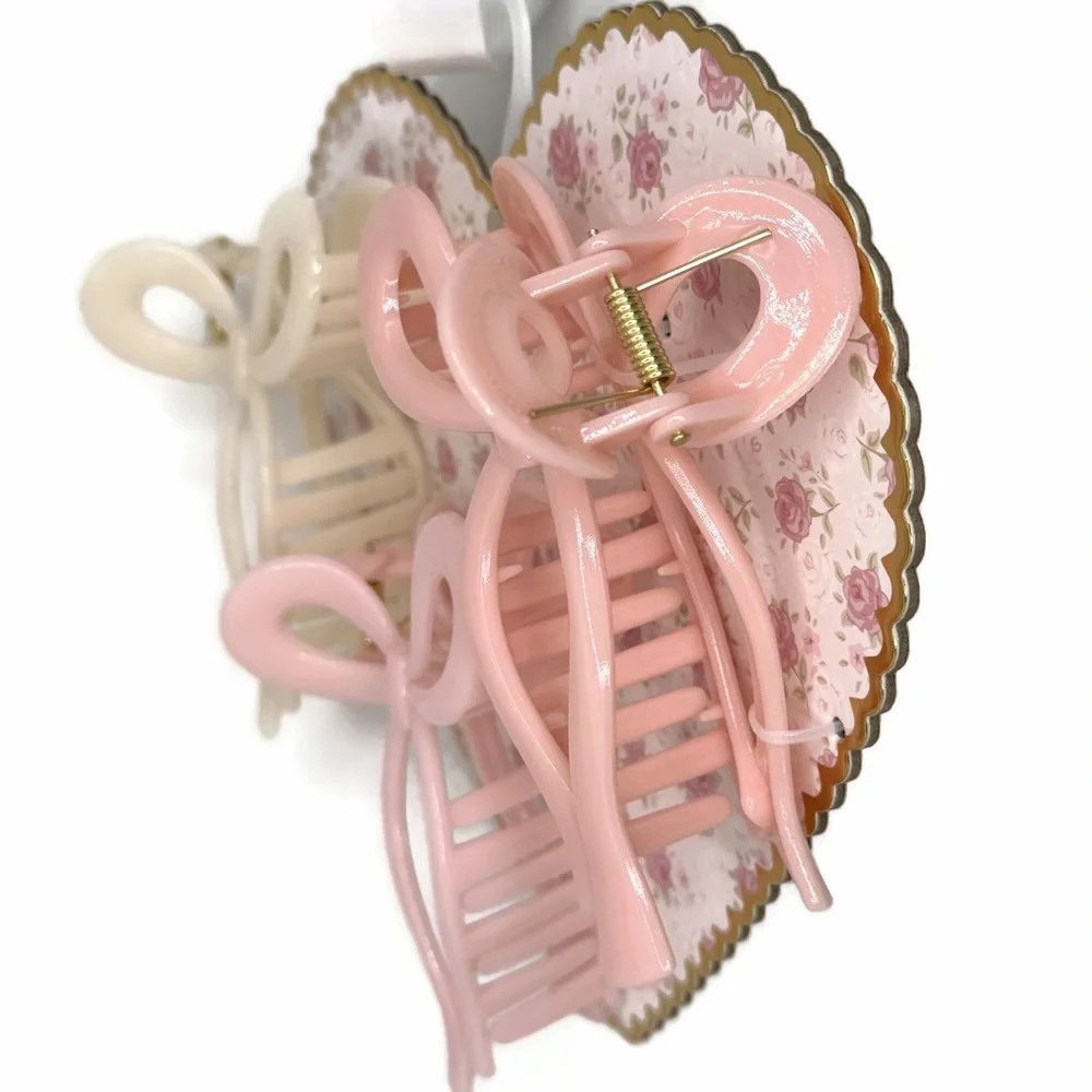 Coquette Couture Ribbon Bow Design Hair Claw Clips Pink White Set of 3